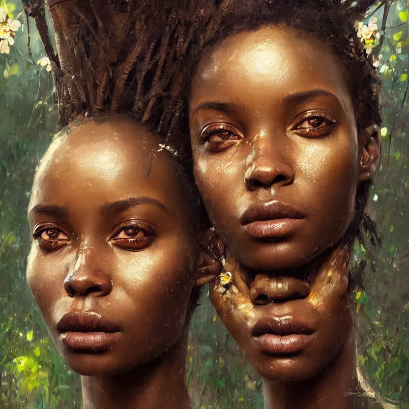 Image similar to detailed portrait of a african woman with beautiful eyes and thick lip forest girl, flowers and trees, by ismail inceoglu dragan bibin hans thoma greg rutkowski alexandros pyromallis nekro rene maritte illustrated, perfect face, fine details, realistic shaded, fine - face, pretty face