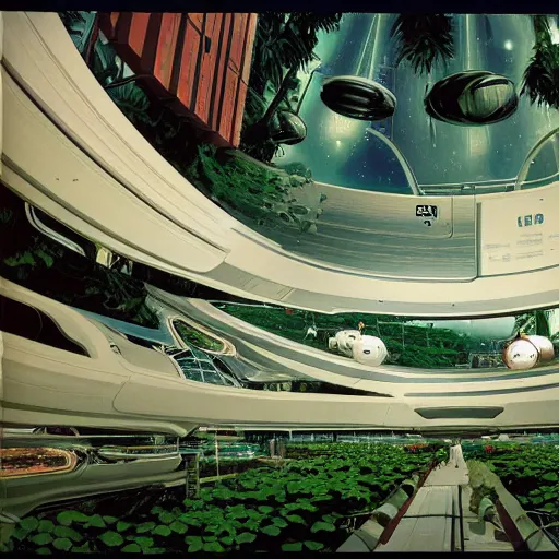 Image similar to ultra wide angle interior view of a space station, hanging gardens, oxen, by syd mead