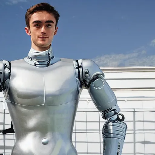 Prompt: a realistic detailed photo of a guy who is an attractive humanoid who is half robot and half humanoid, who is a male android, f 1 driver charles leclerc, shiny skin, posing like a statue, blank stare, by the pool, on display, showing off his muscles, humanoid robot, frozen ice statue, made of ice