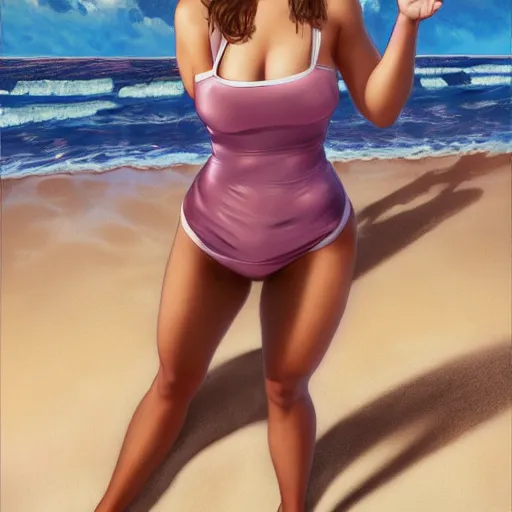 Image similar to full body portrait of addison rae wearing a skintight dress in a beach, large thighs, intricate, elegant, highly detailed, digital painting, artstation, smooth, sharp focus, illustration, art by artgerm and greg rutkowski and alphonse mucha, 8 k