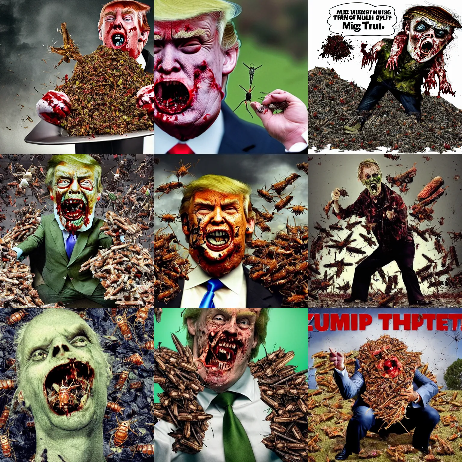 Prompt: zombie trump eating a huge pile of insects. horror movie photograph.