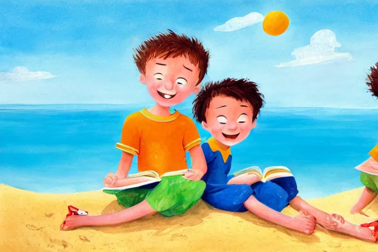 Prompt: Two happy children sitting on the beach making sandcastles, blue sky, children's book, HD, by Benji Davies