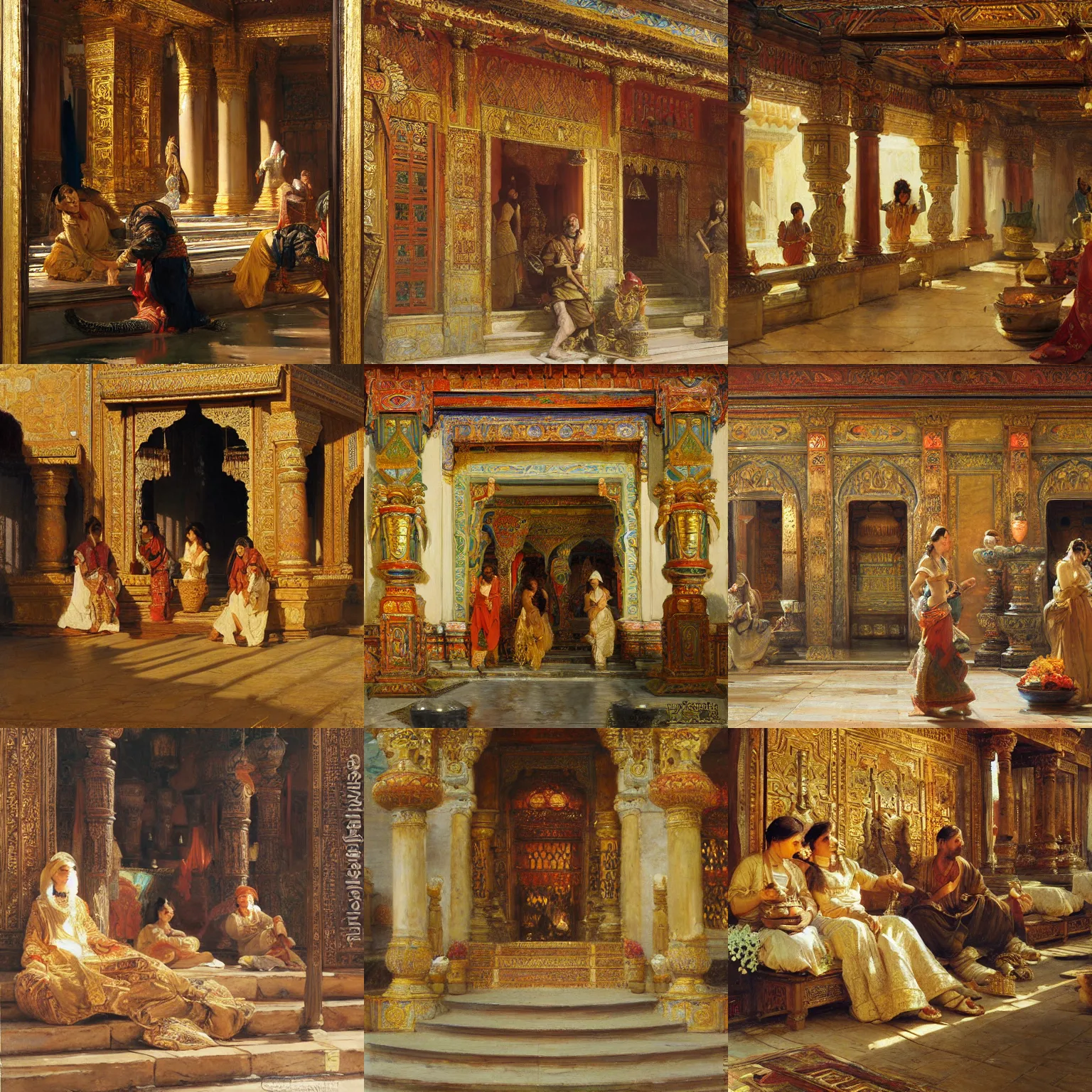 Prompt: orientalism painting of a richly decorated temple architectural detail by theodore ralli and nasreddine dinet and anders zorn and nikolay makovsky and edwin longsden long, oil on canvas, masterful intricate artwork, excellent lighting, high detail 8 k