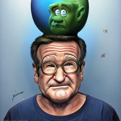 Image similar to Portrait of Robin Williams Funny cartoonish by Gediminas Pranckevicius H 640 and Tomasz Alen Kopera, masterpiece, trending on artstation