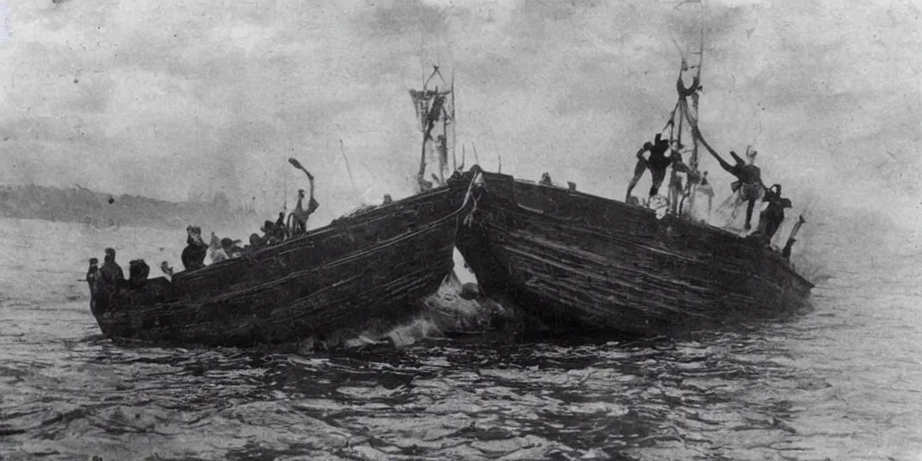 Image similar to a boat being grabbed by a giant underwater hand while people run away, 1 9 0 0 s photograph