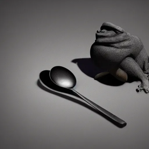 Image similar to pepe with a spoon, realistic, detailed, photography, artstation, dramatic light