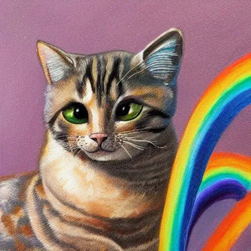 Image similar to a highly detailed painting of a cat with wings leaving a trail of rainbows behind in michelangelo style of painting