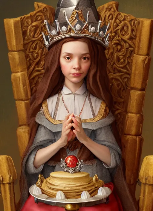 Image similar to highly detailed closeup, low - poly hands, portrait of a medieval cleric wearing a crown and sitting on a throne eating cakes, unreal engine, nicoletta ceccoli, mark ryden, earl norem, lostfish, global illumination, god rays, detailed and intricate environment