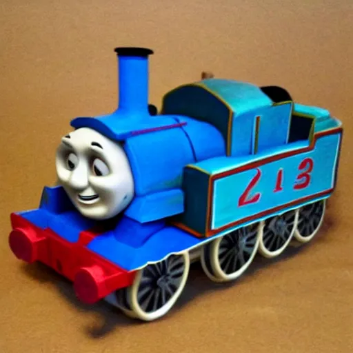 Prompt: scary thomas the tank engine ramming zombies, clay sculpture