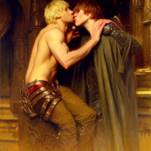 Image similar to attractive arthur pendragon in love with attractive male merlin. highly detailed painting by gaston bussiere, craig mullins, j. c. leyendecker