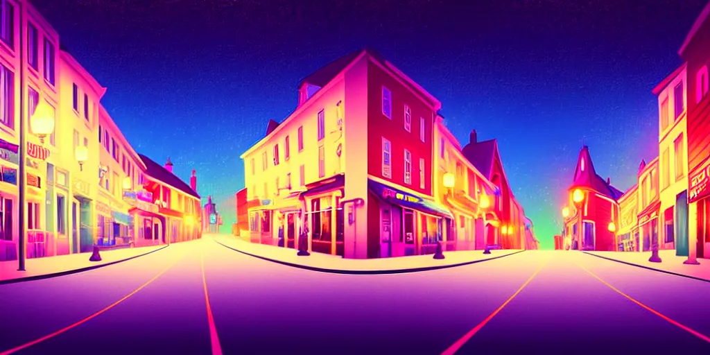 Image similar to curved perspective digital art of a summer night small town street pastel colors by petros afshar and tim burton, 1 5 º camera angle