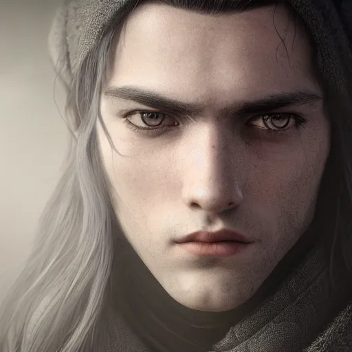 Prompt: a highly detailed Portrait of a young man with light gray long hair, purple eyes, in a black cloak, artstation, DeviantArt, professional, octane render