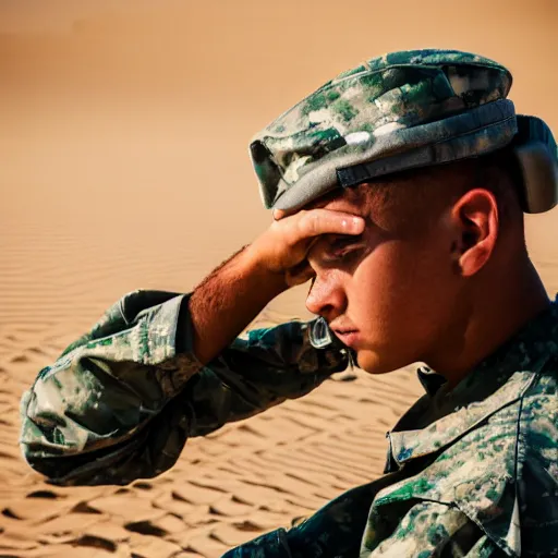 Prompt: portrait of a soldier sitting in the desert eating some crayons, beautiful composition, 5 0 mm f 1. 8, ambient light