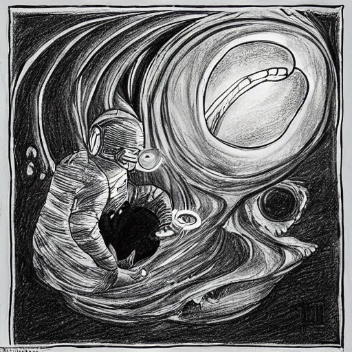 Prompt: A drawing. A rip in spacetime. Did this device in her hand open a portal to another dimension or reality?! deuteranopia, thalassophobia by Vytautas Kairiukstis tender