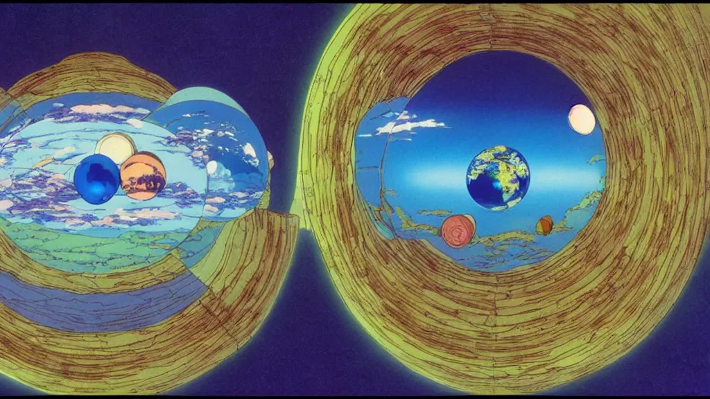 Image similar to a diagram depicting earths layers, anime film still from the an anime directed by katsuhiro otomo with art direction by salvador dali, wide lens