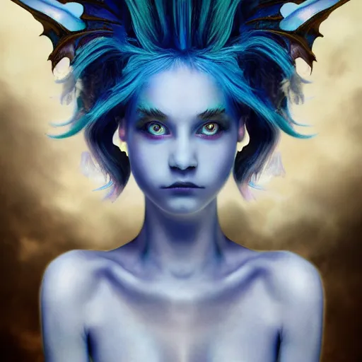 Image similar to The dragon girl portrait, portrait of young girl half dragon half human, dragon girl, dragon skin, dragon eyes, dragon crown, blue hair, long hair, highly detailed, cinematic lighting, by Tim Burton and David Lynch