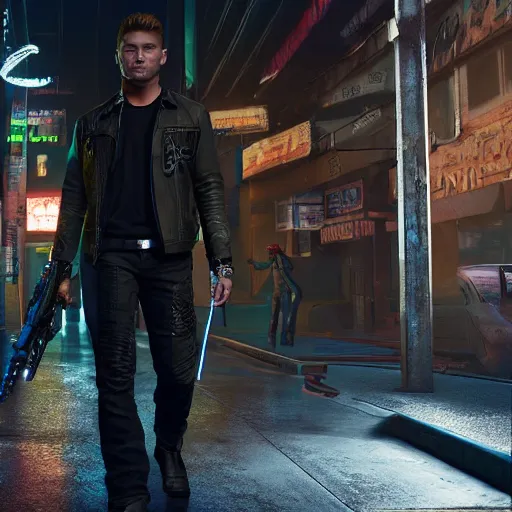 Image similar to a detailed full bodied 3 d render of an extremely handsome jensen ackles as the terminator walking down a dark alley in cyberpunk 2 0 7 7, holding futuristic crossbow, volumetric lighting, octane render, 8 k, art by greg rutkowski and albert bierstadt and alphones mucha