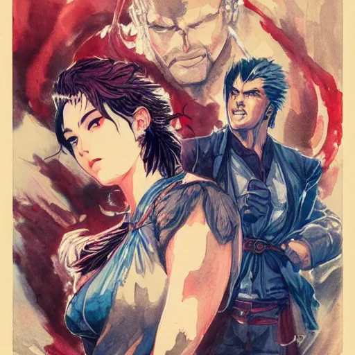 Prompt: vintage movie poster art for tekken by trending pixiv fanbox, watercolor, style of mucha akihiko yoshida takashi stephen bliss kurosawa and agnes cecile 4 k concept art