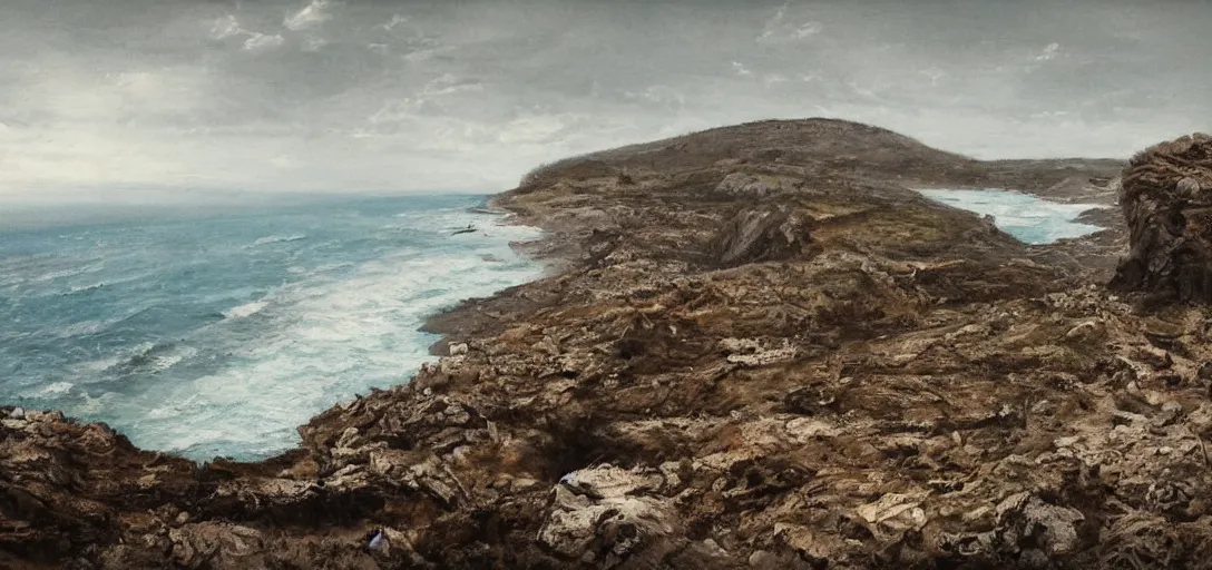 Prompt: a barren war torn cliffside landscape overlooking the ocean, dirt and rock, desolate, muted colors, warm