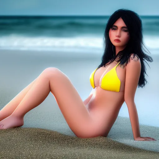 Image similar to real life photo of a beautiful girl, full body photoshoot, short black hair yellow tips, golden watery eyes, full round face, short smile, pale pink bikini, serene beach setting, cinematic lightning, medium shot, mid - shot, highly detailed, trending on artstation, unreal engine 4 k, 8 0 mm, 8 5 mm, cinematic wallpaper