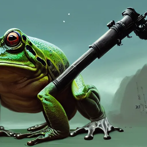 Prompt: giant frog with a canon on his back, by greg rutkowski, 8k high quality, hd, matte painting