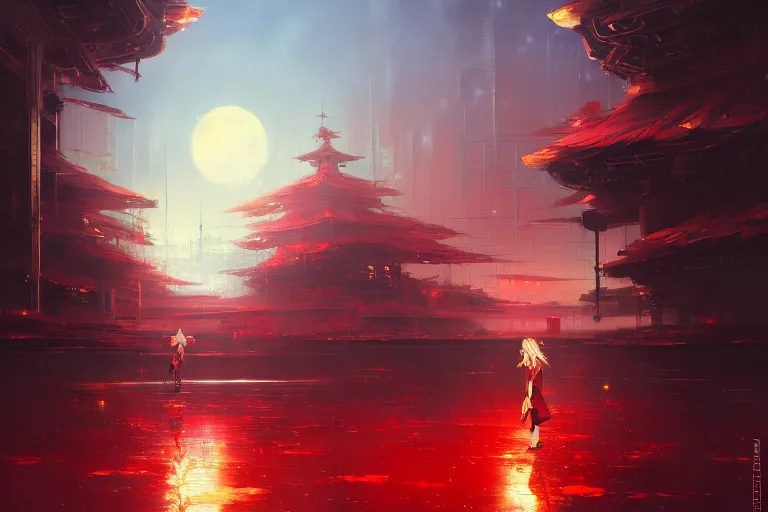 Image similar to baroque oil painting of anime key visual concept art of a samurai girl, red futuristic concrete cityscapes, falling petals, background moonlight, trending on artstation, palette knife and brush strokes, oil on canvas, style of makoto shinkai greg rutkowski studio ghibli