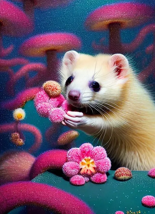 Prompt: hyper detailed 3d render like a Oil painting - kawaii portrait Aurora (blonde Sable Ferret) seen Eating of the Strangling network of yellowcake aerochrome and milky Fruit and Her delicate Hands hold of gossamer polyp blossoms bring iridescent fungal flowers whose spores black the foolish stars by Jacek Yerka, Mariusz Lewandowski, Houdini algorithmic generative render, Abstract brush strokes, Masterpiece, Edward Hopper and James Gilleard, Zdzislaw Beksinski, Mark Ryden, Wolfgang Lettl, hints of Yayoi Kasuma, octane render, 8k