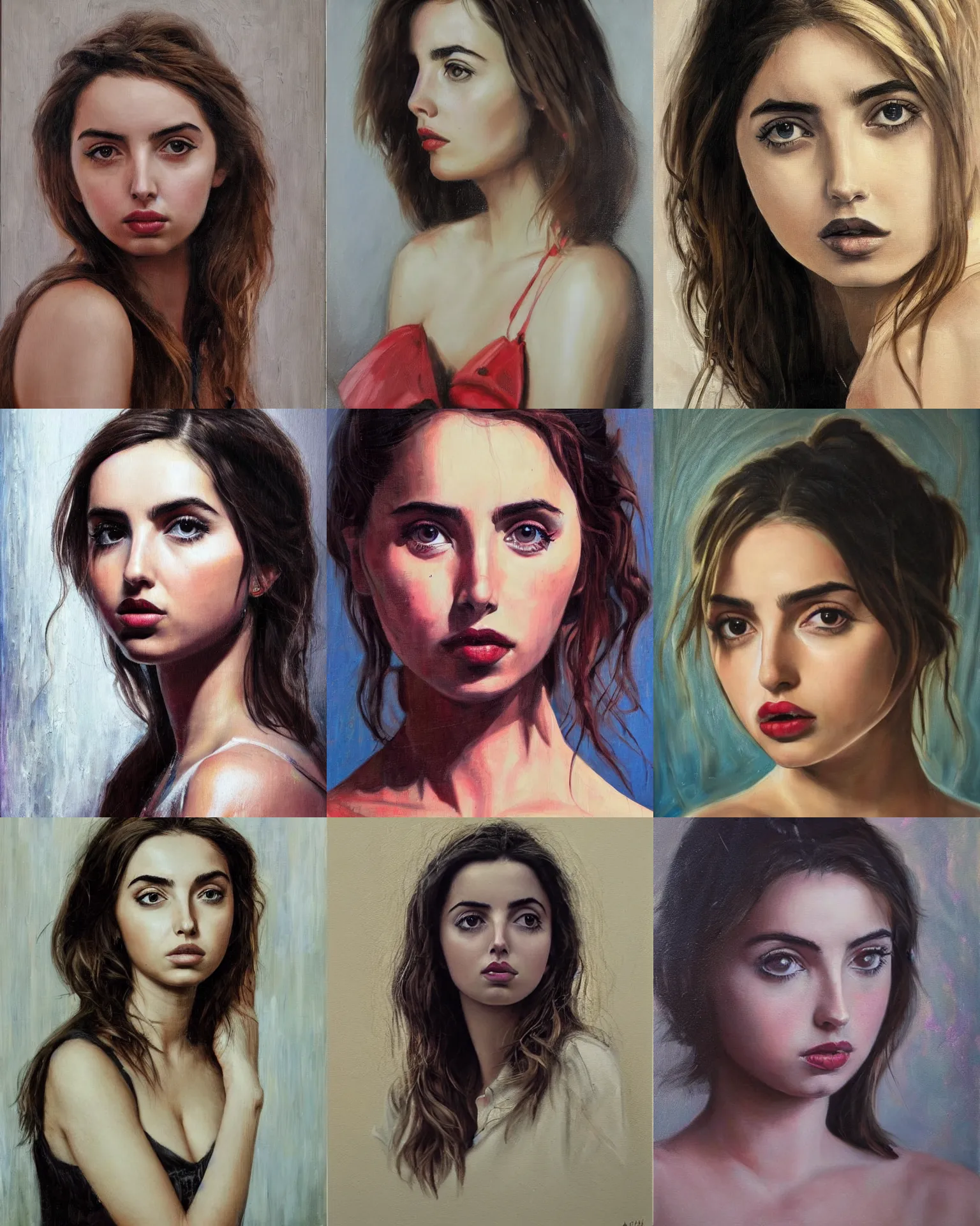 Prompt: a beautiful somber doomed portrait of ana de armas, painting by Alan Linnstaedt