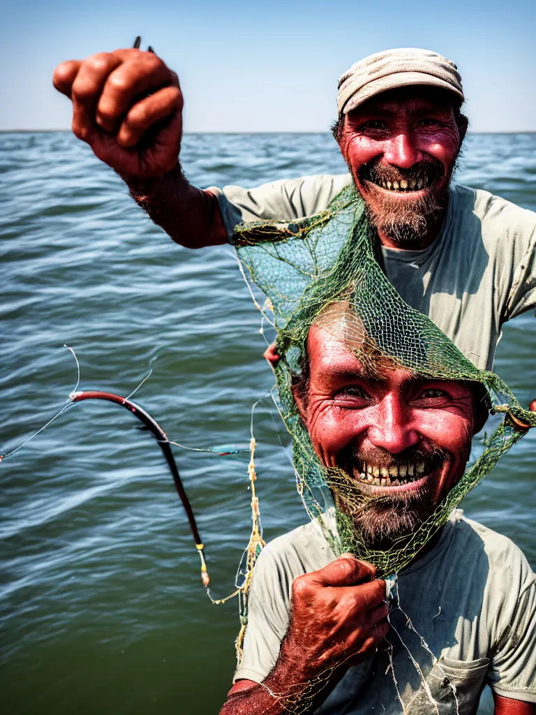 Prompt: an imperfect journalistic portrait of a fisherman, after he has caught a tokomak in his net. he grins proudly, baring his gargantuan razor sharp teeth like blades of a professional food processor