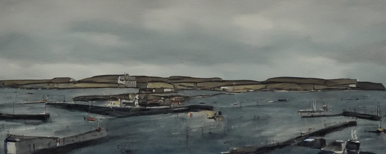 Prompt: a painting of the harbour at Stromness orkney, stormy, dark, haunting, sinister