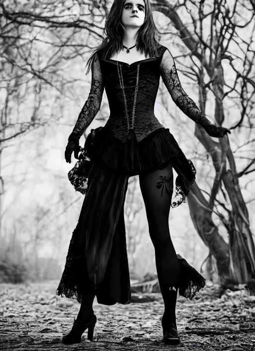 Image similar to Emma Watson for Victorian Secret as goth, squatting pose, full length shot, extremely detailed, XF IQ4, 50MP, 50mm, f/1.4, ISO 200, 1/160s, natural light, Adobe Lightroom, rule of thirds, symmetrical balance, depth layering, polarizing filter, Sense of Depth