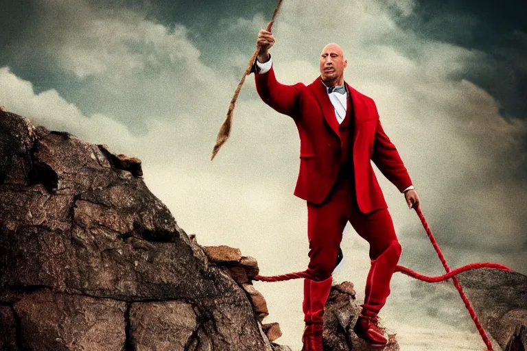 Prompt: ! dream a cinematic portrait of dwayne the rock johnson as pinocchio, 8 k, hd, high resolution, 8 5 mm, red and white color theme, f / 1. 8
