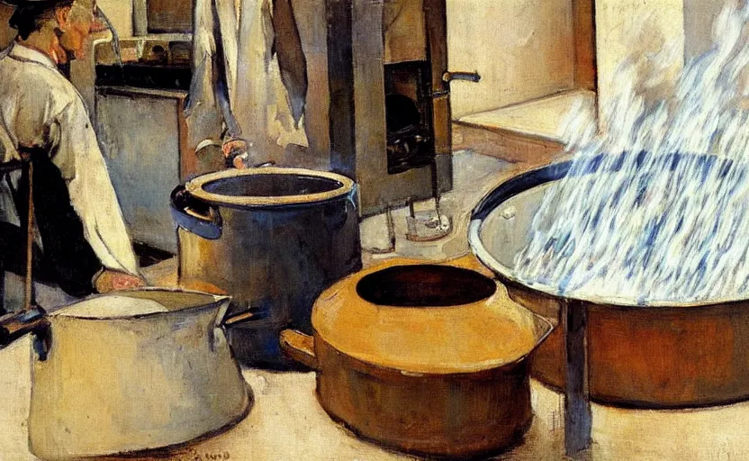 Prompt: a closeup of a pot of boiling water on a stove, by ricardo bofill, by stanhope forbes, by david bomberg, painting