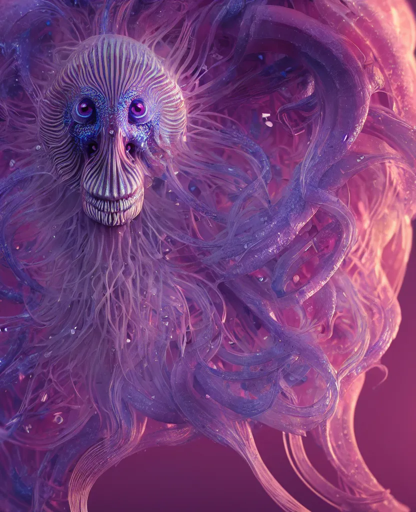 Image similar to goddess close-up face portrait. chimera orchid jellyfish phoenix head, nautilus, skull, betta fish, bioluminiscent creatures, intricate artwork by Tooth Wu and wlop and beeple. octane render, trending on artstation, greg rutkowski very coherent symmetrical artwork. cinematic, hyper realism, high detail, octane render, 8k