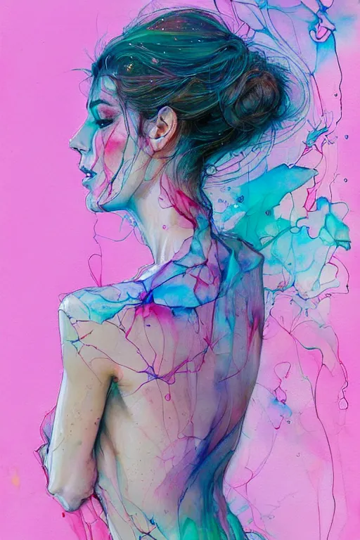 Image similar to sophia vergara by agnes cecile enki bilal moebius, intricated details, 3 / 4 back view, hair styled in a bun, bendover posture, full body portrait, extremely luminous bright design, pastel colours, drips, autumn lights