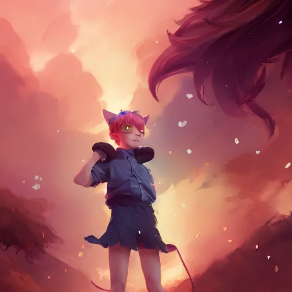 Prompt: boy with cat ears and tail, full body, blushing, happy, short smile, hair covering eyes, cinematic lightning, mid-shot, highly detailed, very very very beautiful, trending on Artstation, Unreal Engine 4k, watercolour, pastel, cinematic wallpaper by Stanley Artgerm Lau, WLOP, Rossdraws.