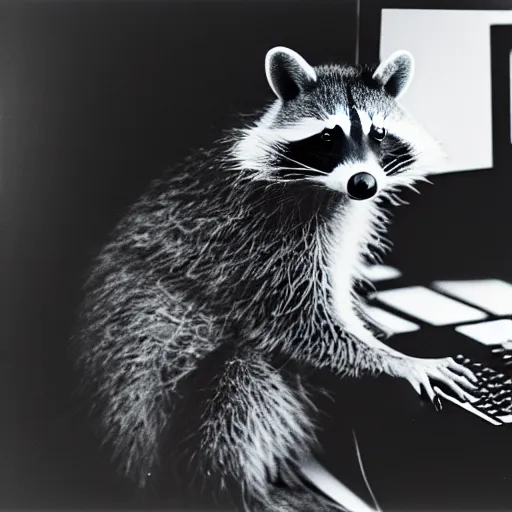 Image similar to photograph of a racoon using a computer, filmic, cinematographic