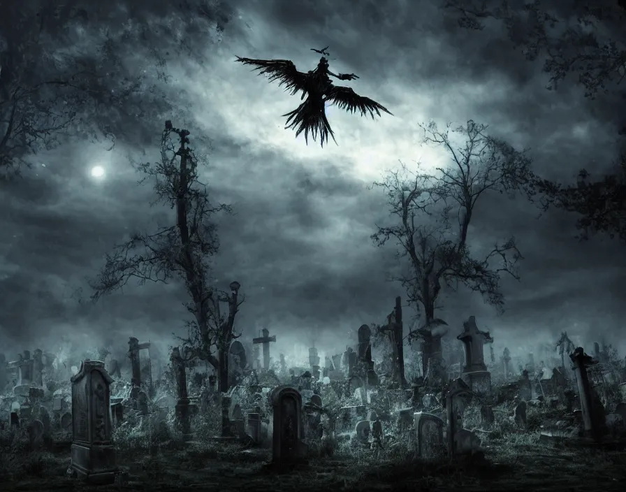 Image similar to flying reaper in old sacred graveyard, night, dark horror, realistic skull, beautiful graphics, fantasy artwork, very beautiful scenery, hd, hdr, ue 5, ue 6, unreal engine 5, cinematic 4 k wallpaper, 8 k, ultra detailed, by popular digital, details, beautiful image ever created, high resolution, artstation, award winning