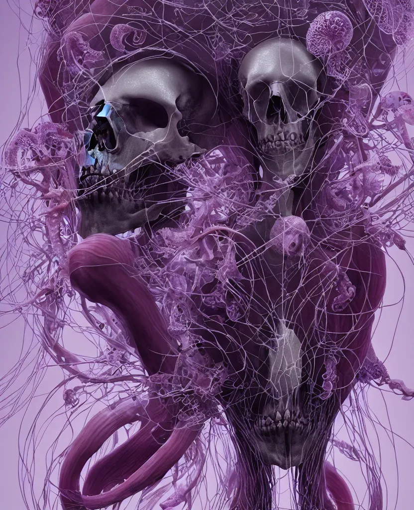 Image similar to symmetry!! goddess close - up portrait human skeleton, ram skull, squid phoenix jellyfish, orchid, betta fish, bioluminiscent, intricate artwork by tooth wu and wlop and beeple. octane render, trending on artstation, greg rutkowski very coherent symmetrical artwork. cinematic, hyper realism, high detail, octane render, 8 k