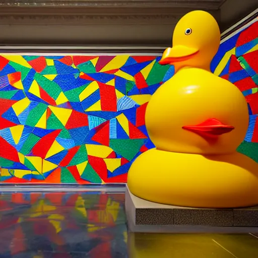 Image similar to wide shot, one photorealistic rubber duck in foreground on a pedestal in an museum gallery, british museum, the walls are covered with colorful geometric wall paintings in the style of sol lewitt, tall arched stone doorways, through the doorways are more wall paintings in the style of sol lewitt.