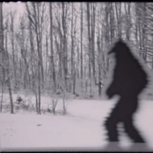 Prompt: a trailcam photo of bigfoot, grainy, vintage, partially obscured