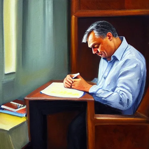 Image similar to viktor orban journaling in a cubicle, oil painting