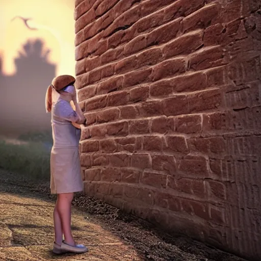 Image similar to a woman that looks like a paleontologist or archaologist leaning against a brick wall. She is on the right side in the image, you can see the left side of her body. The scene is at night, lit up by the moon. It feels like the scene is in some sort of super realistic virtual reality simulation. Trending on artstation.