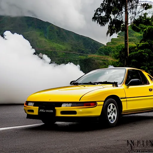 Prompt: Yellow 1993 Mazda RX7 drifting through quindio\'s mountains with a cloud of white smoke coming out of the rear tires, photography, 8k