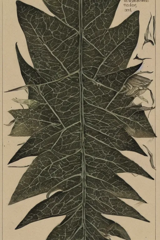 Image similar to scan of the leaves of an old cursed herbarium, by john howe, infographic, textbook, marginalia, cursed, alien, plant specimens, hortorium, scientific study