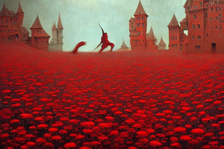 Image similar to only with red, red flowers of different types, a red tiger, a castle in the background, medieval demons dance over the flowers, an ancient path, in the style of beksinski, part by hopper, part by rodcenko, part by hofbauer, intricate composition, red by caravaggio, insanely quality, highly detailed, masterpiece, red light, artstation