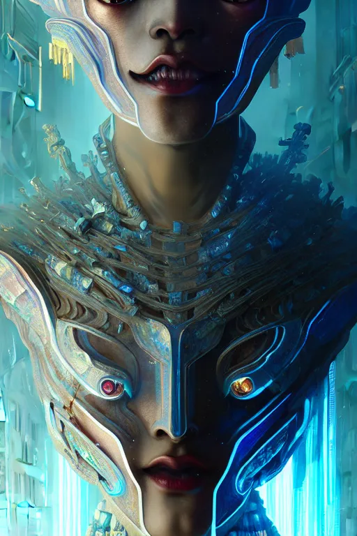 Image similar to asura from chinese myth, ghost, gorgeous and huge head ornaments, dystopian, cyberpunk, organic fractal mycelum and fungi, mecha, halfturn portrait of a big crystal face made of crystals half - turn, ominous, intricate, studio, art by anthony macbain + greg rutkowski + alphonse mucha, concept art, 4 k, sharp focus