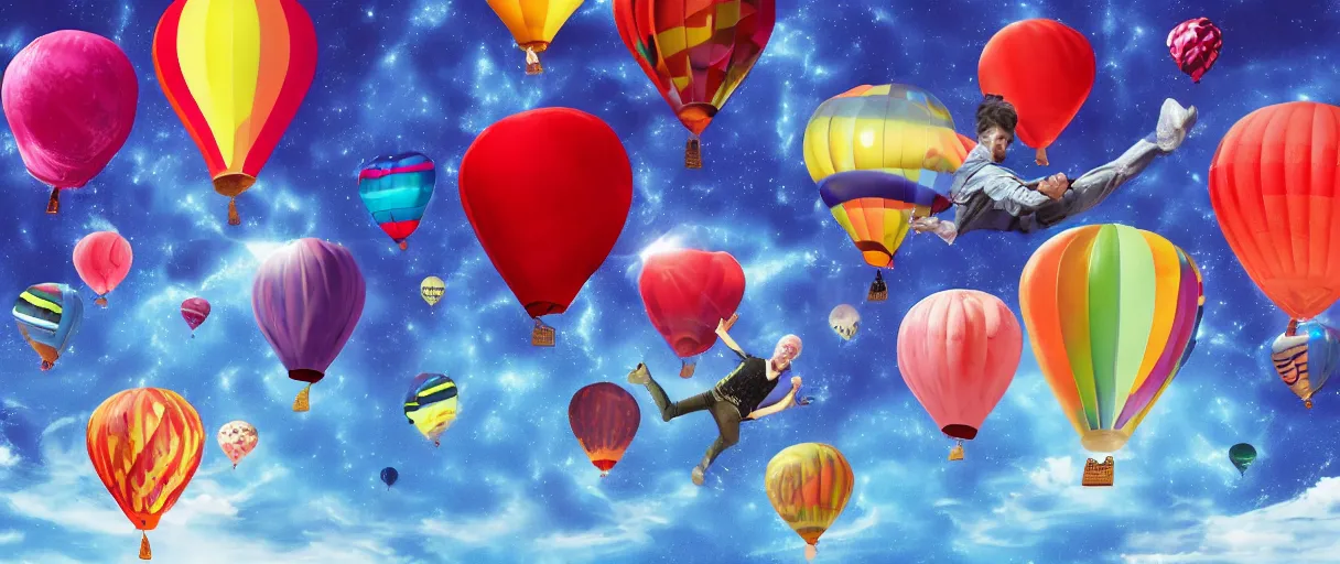 Prompt: joyful people are flying on colorful balloons, black hole on the sky, and they are moving into a fiery abyss in the sky, hyper realistic