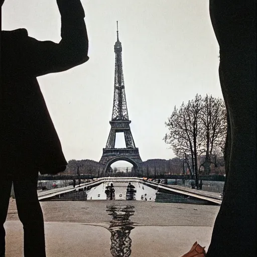 Prompt: man looking up at eiffel tower, low angle shot by steve hanks, by lisa yuskavage, by serov valentin, by tarkovsky