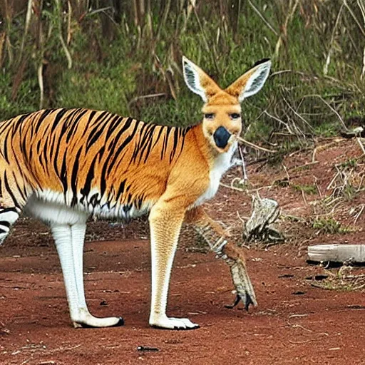 Image similar to a kangaroo with tiger stripes and a big red beard